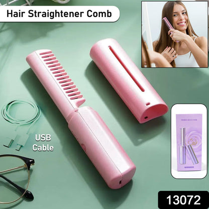 13072 Rechargeable Mini Hair Straightener Travel Portable Usb Charging Cordless Hair Straightener Bursh Three Temperature Adjustments Flat Iron Comb (1 Pc)